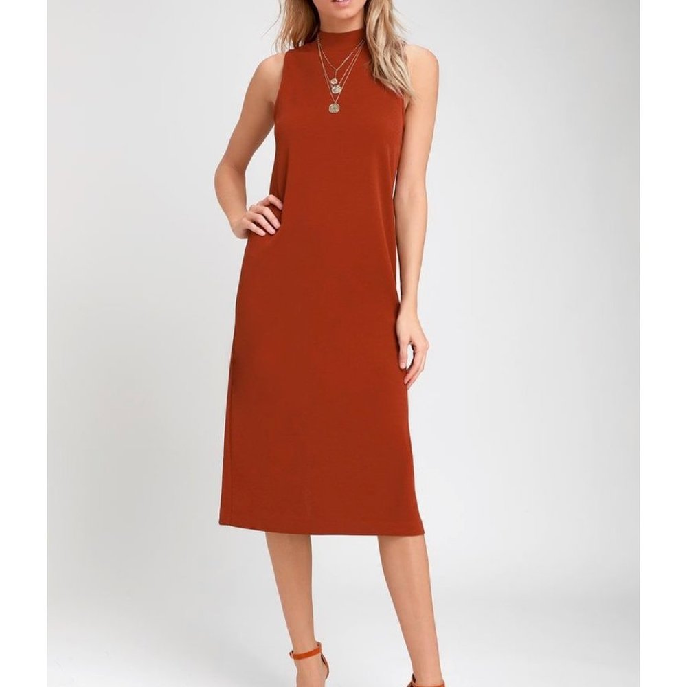 Tranquil Rust Orange Mock Neck Button-Back Midi D… - image 1